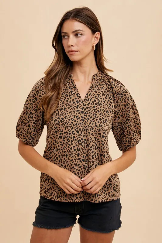 Annie Wear Animal Print Knit Volume Sleeve Blouse