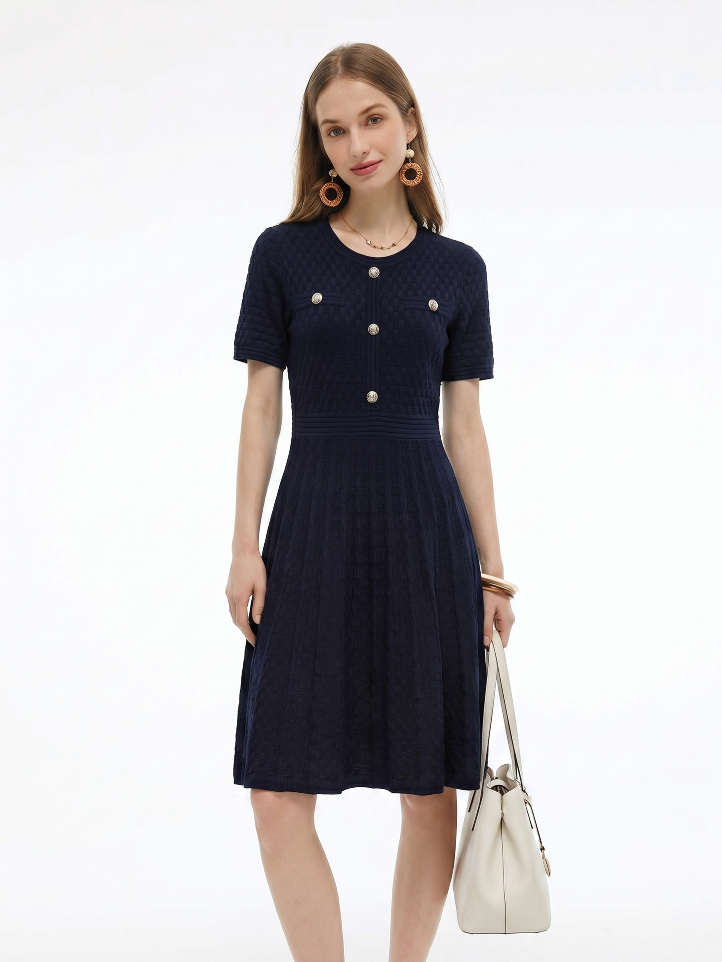 Tencel Blend Gathered Waist Women Textured Midi Dress