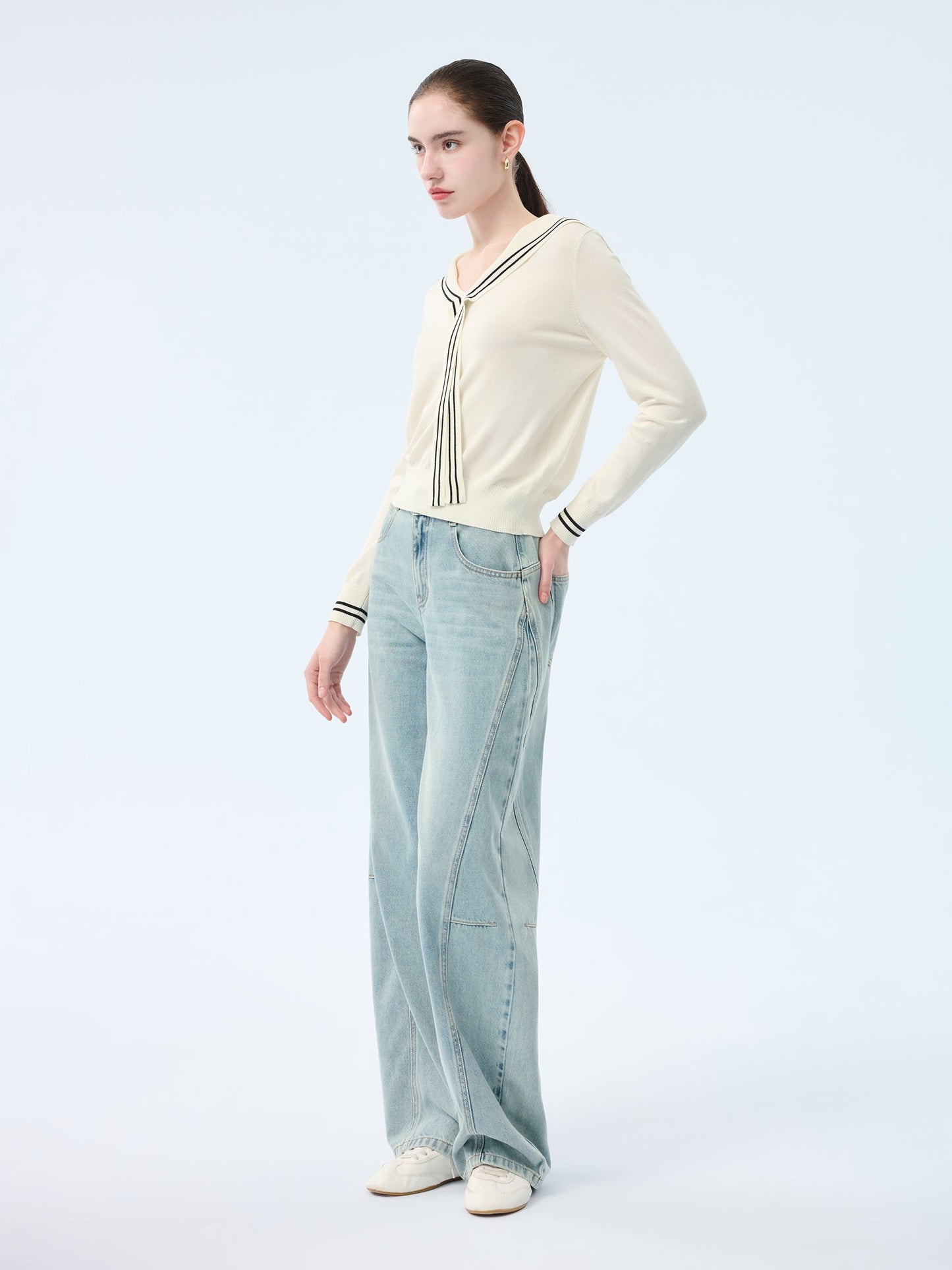 Tencel Blend Sailor Collar Women Knit Top