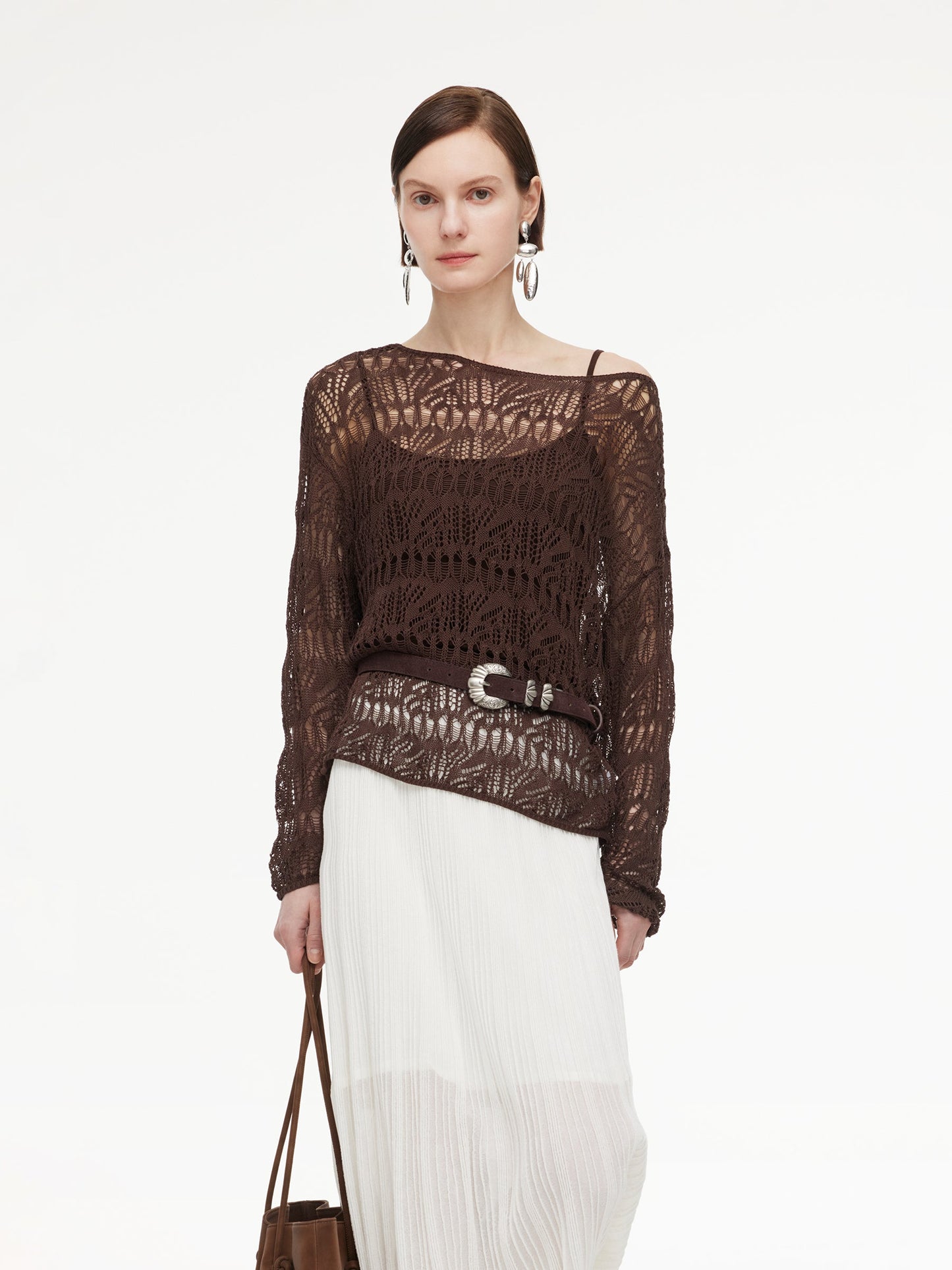 Cotton Blend Open-Knit Top And Camisole Two-Piece Set