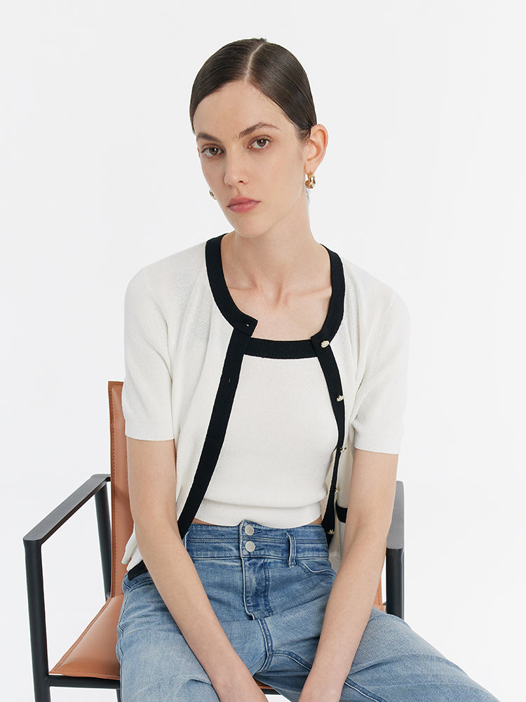 Contrast Trim Knitted Cardigan And Camisole Two-Piece Set