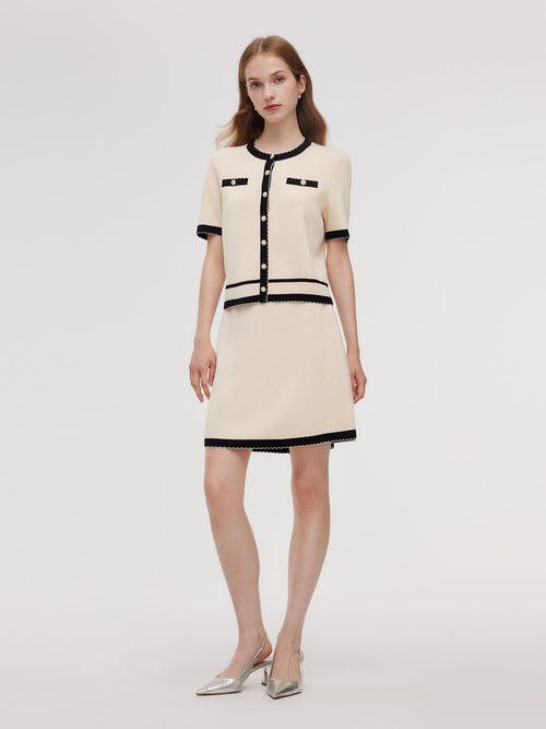 Lyocell Blend Contrast Trim Cardigan And Mini Skirt Two-Piece Set