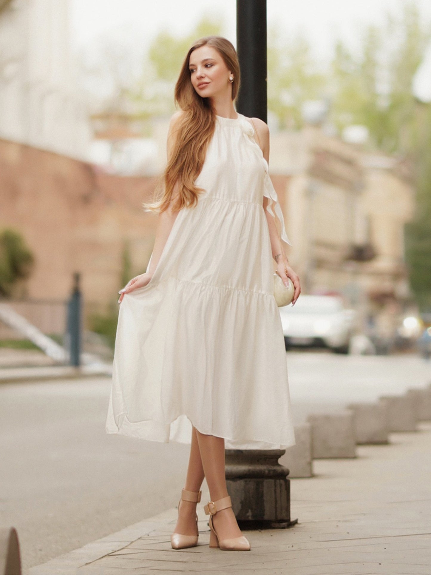 Tencel Blend Halter Maxi Dress With Detachable Flower