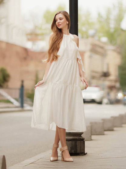 Tencel Blend Halter Maxi Dress With Detachable Flower