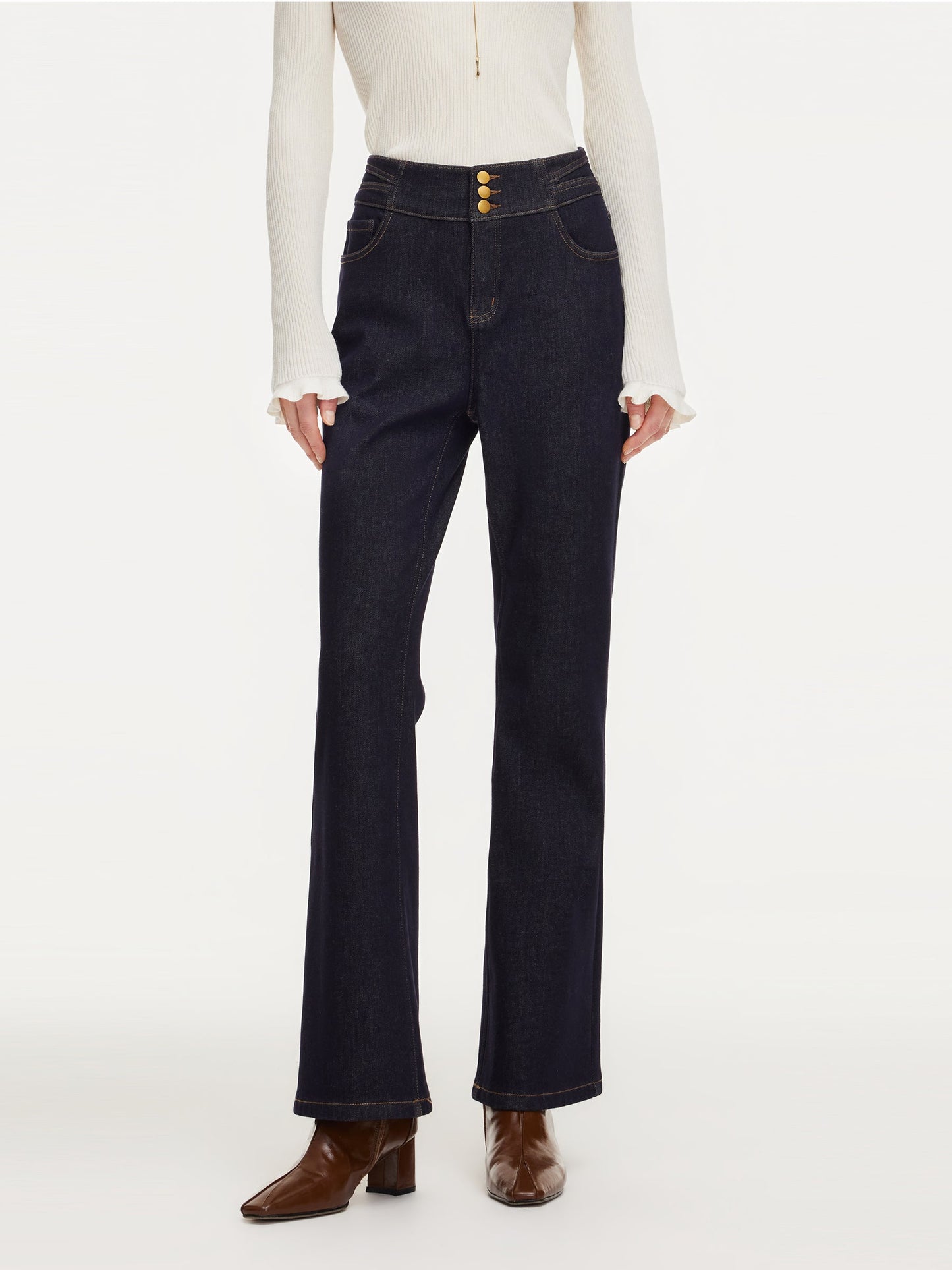Denim High-Waisted Stretch Fleece Lined Women Micro-Flared Jeans