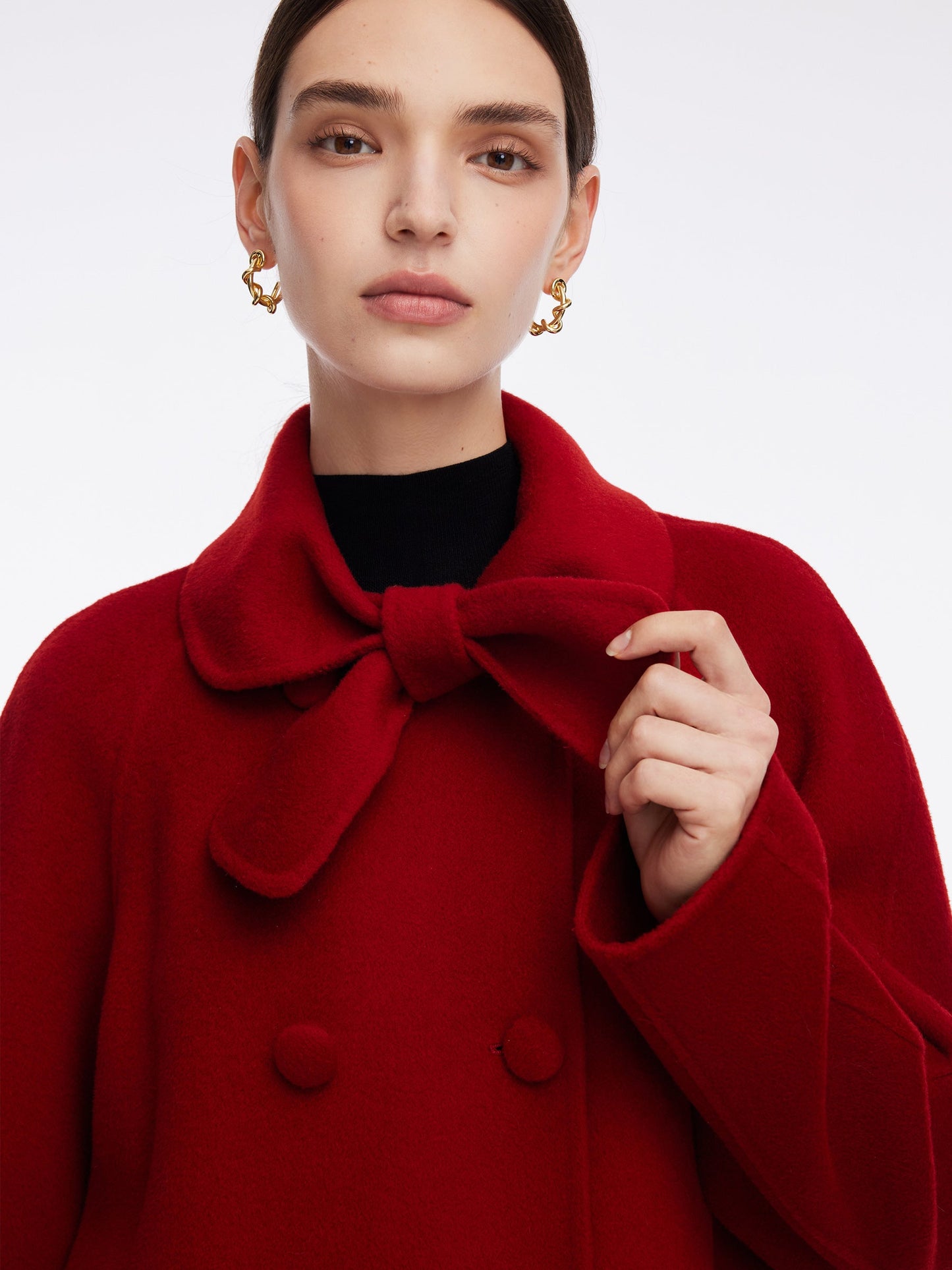Tencel Wool Blend Double-Faced Women Coat With Detachable Collar
