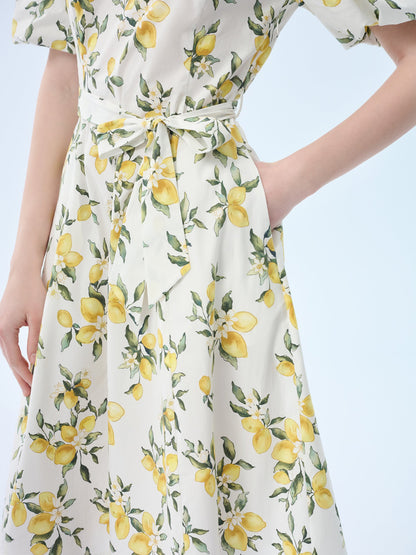 Cotton Lemon Print V-Neck Women Belted Midi Dress
