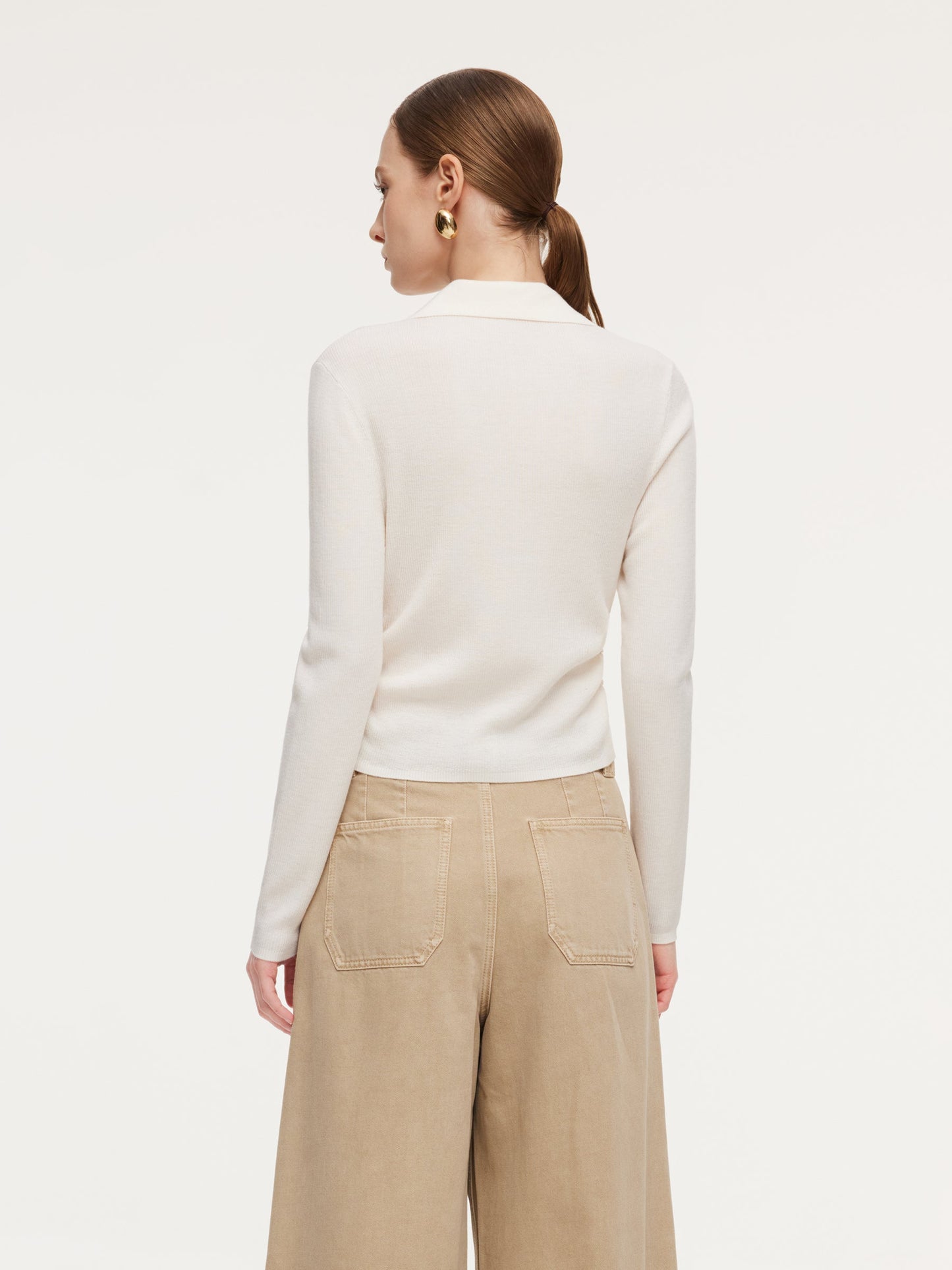 100% Wool V-Neck Ruched Women Polo Knit Top