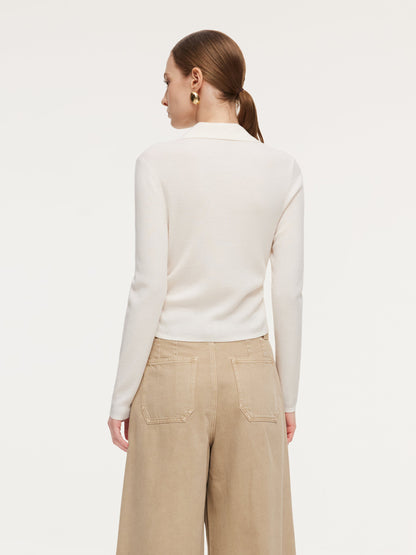 100% Wool V-Neck Ruched Women Polo Knit Top