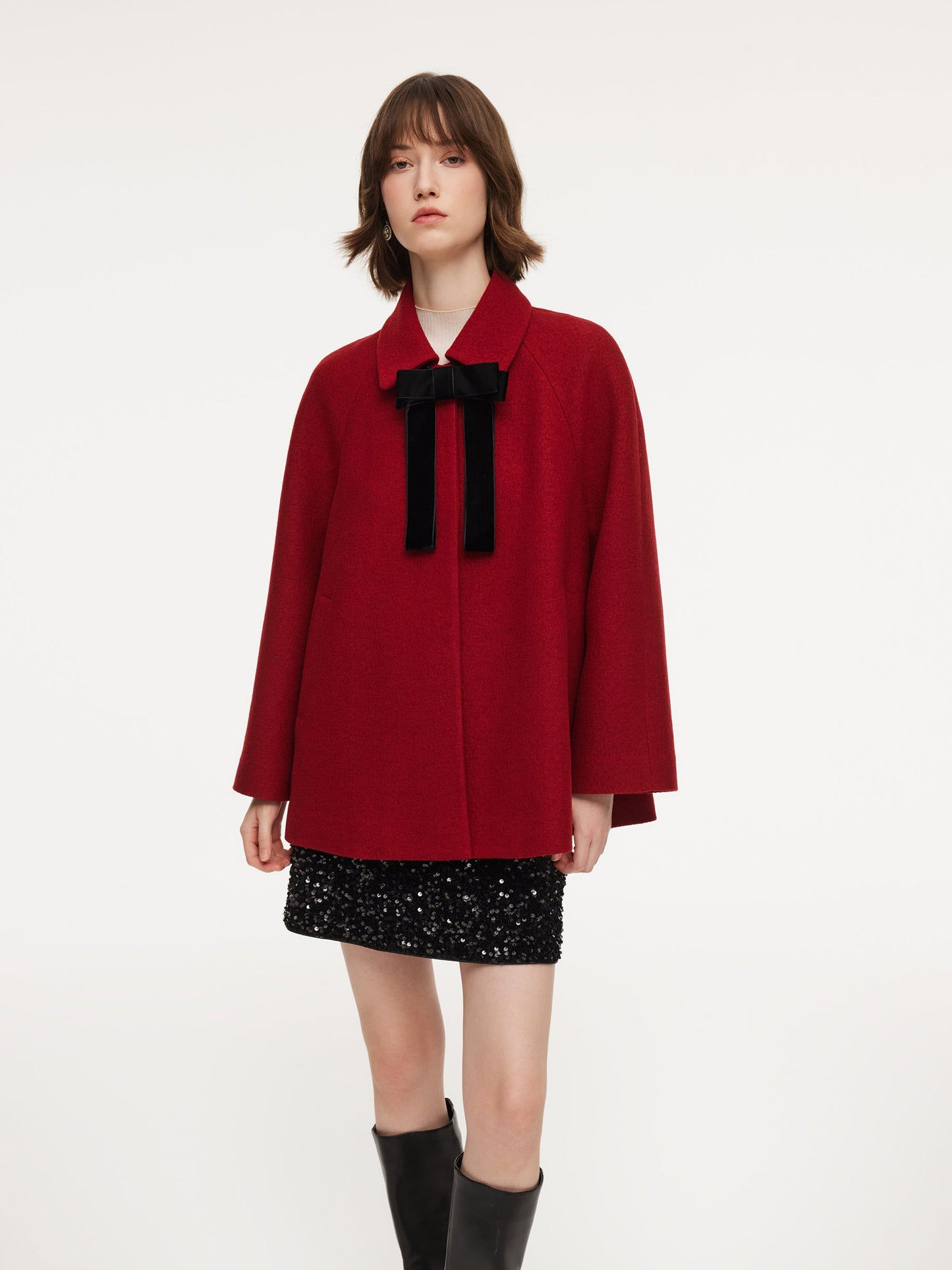 100% Wool Women Coat With Detachable Bowknot