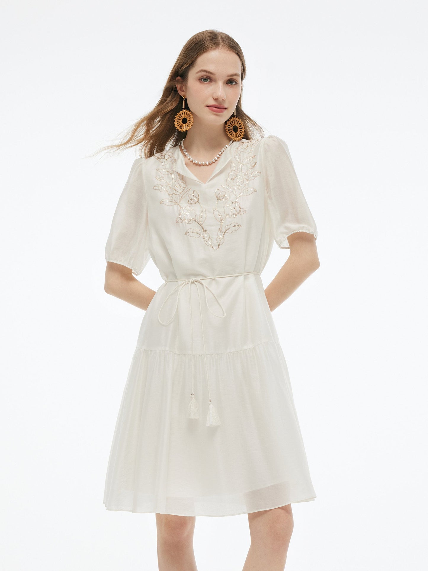 Pre-Order Tencel Blend Sequins Embroidered Women Midi Dress With Tie String Belt