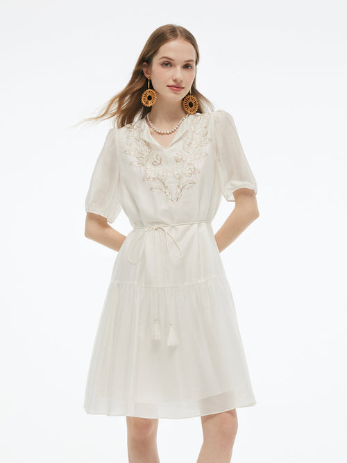Pre-Order Tencel Blend Sequins Embroidered Women Midi Dress With Tie String Belt