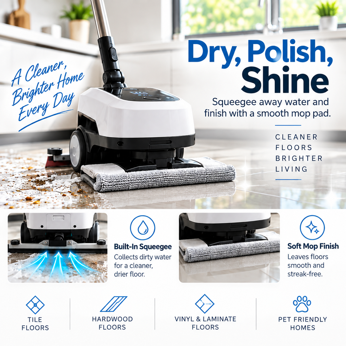 UltraClean 3-in-1 Electric Floor Scrubber – Rotating Brush, Squeegee & Mop Cleaning System