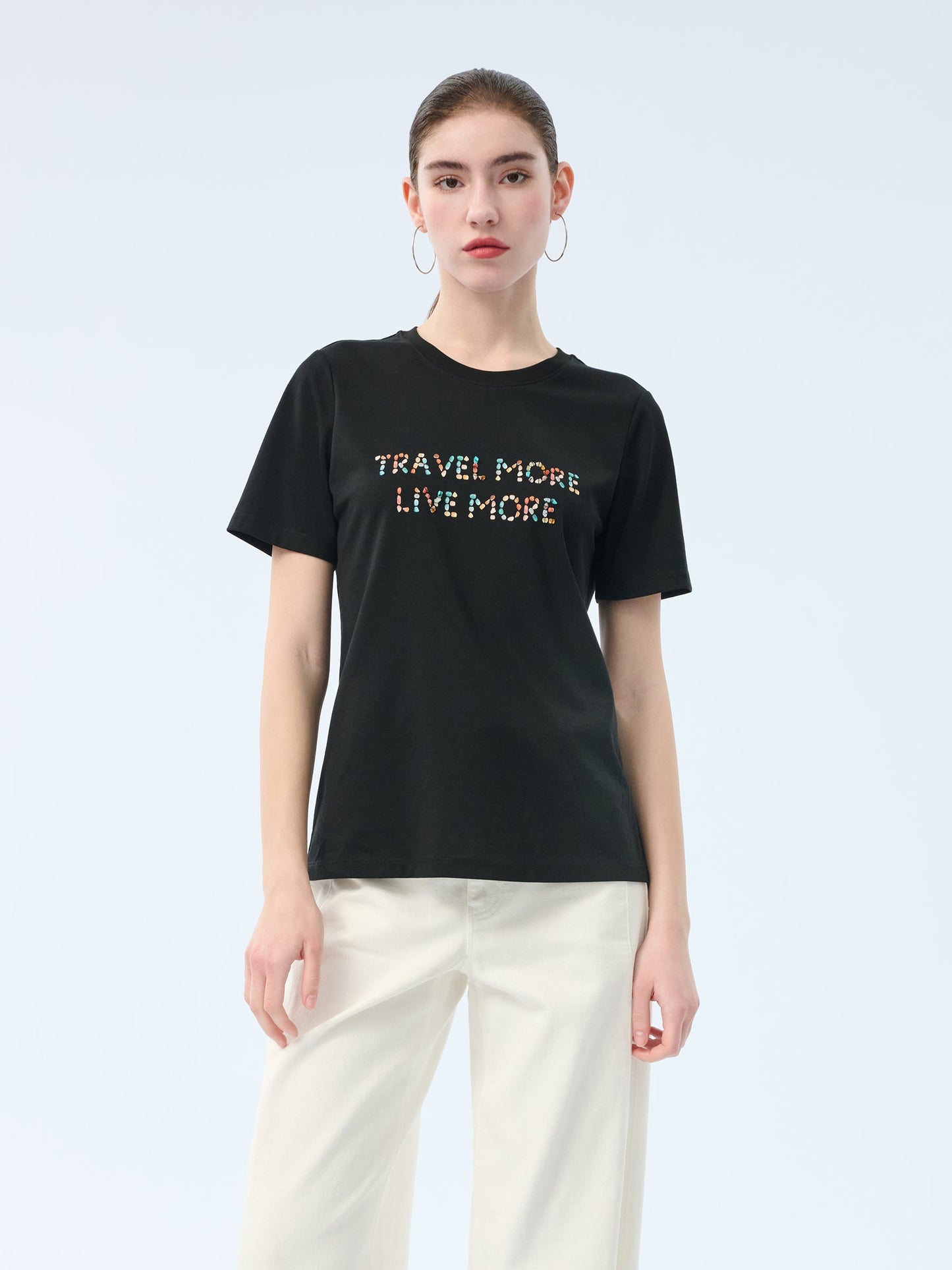 Cotton Beaded Letter Women T-Shirt