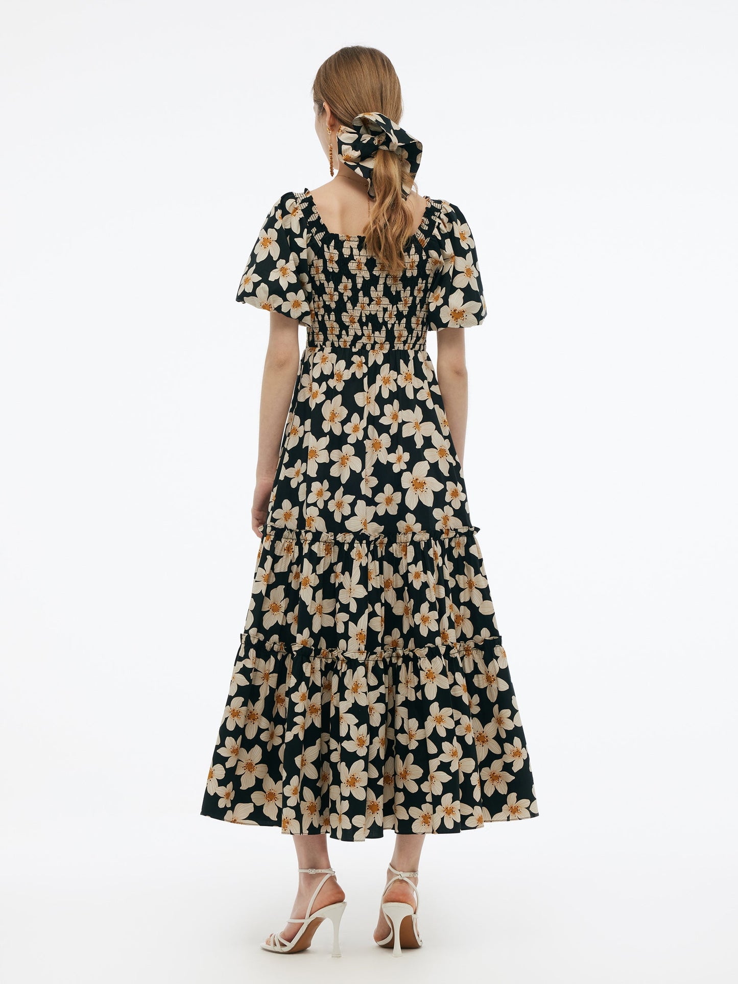 Cotton Stretch Floral Print Women Smocked Maxi Dress