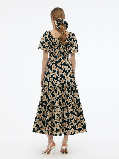 Cotton Stretch Floral Print Women Smocked Maxi Dress