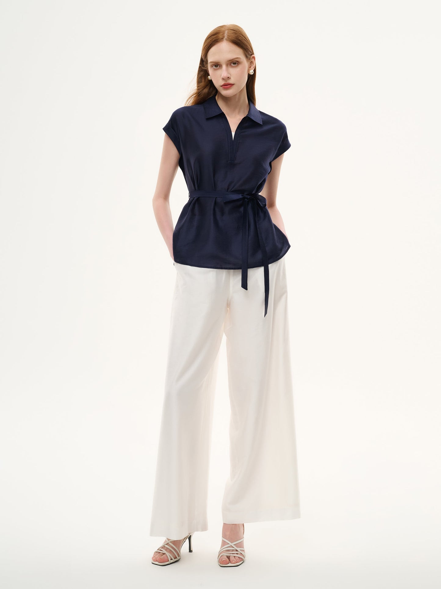 Pre-Order Tencel Blend Belted Blouse And Pants Two-Piece Set