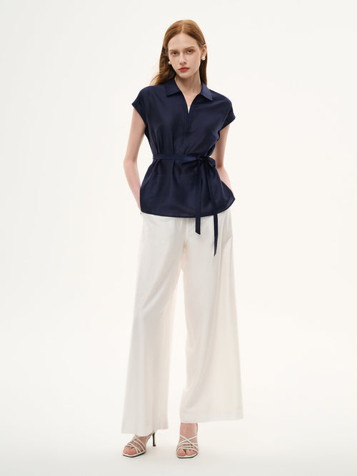 Pre-Order Tencel Blend Belted Blouse And Pants Two-Piece Set