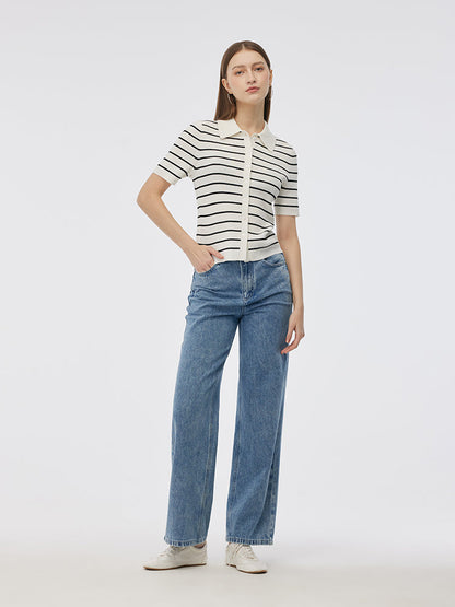 Tencel Stripe Women Short Sleeve Cardigan