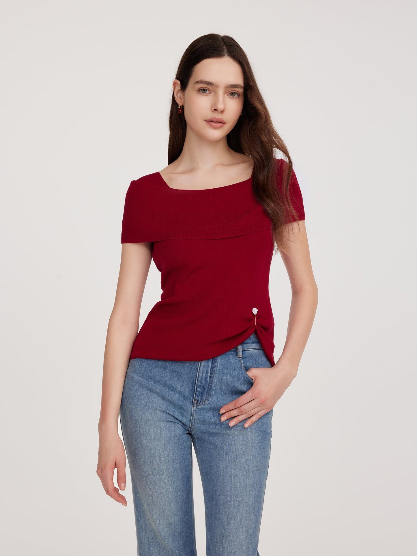 Lyocell Blend Off Shoulder Women Knit Top With Detachable Magnetic Flower