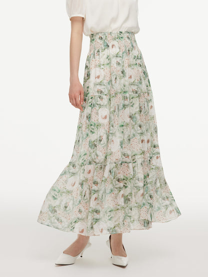 10MM Mulberry Silk Floral Print Women A-Line Skirt