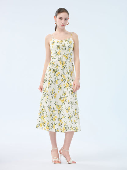 Cotton Lemon Print Strap Dress And Cardigan Two-Piece Set