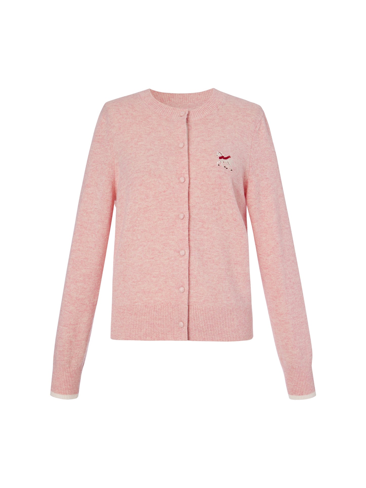 100% Wool Color Block Pony Embroidered Women Cardigan