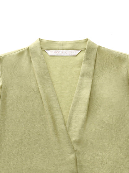 Acetate Blend V-Neck Women Ruffle Sleeve Blouse