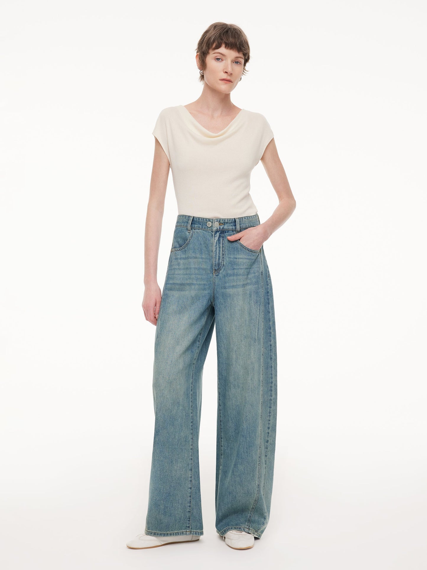 100% Cotton Denim Women Curved Leg Jeans
