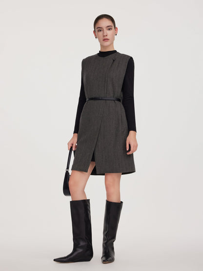 100% Wool Vest And Knit Dress Two-Piece Set With Belt