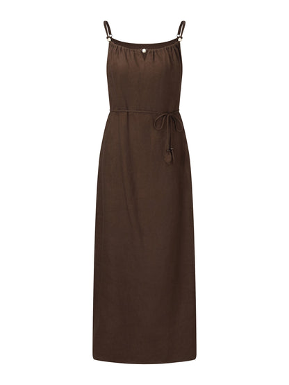 100% Linen Women Strap Maxi Dress With Tie String Belt