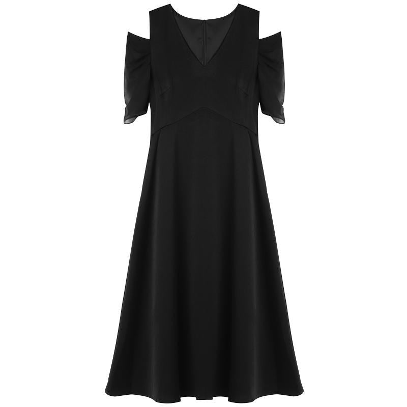 Black Triacetate Gathered Waist V-Neck Midi Dress