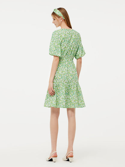 Cotton Floral Print Drawstring Front Women Mini Dress With Hairband