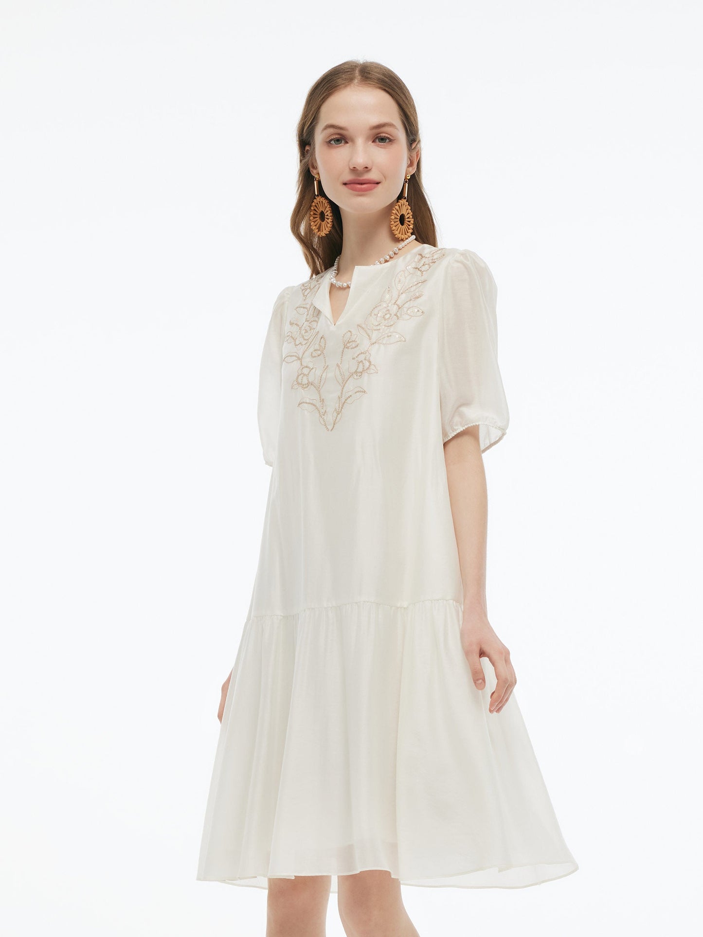 Pre-Order Tencel Blend Sequins Embroidered Women Midi Dress With Tie String Belt