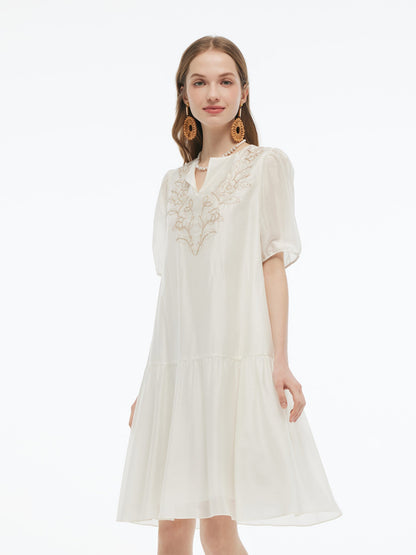 Pre-Order Tencel Blend Sequins Embroidered Women Midi Dress With Tie String Belt