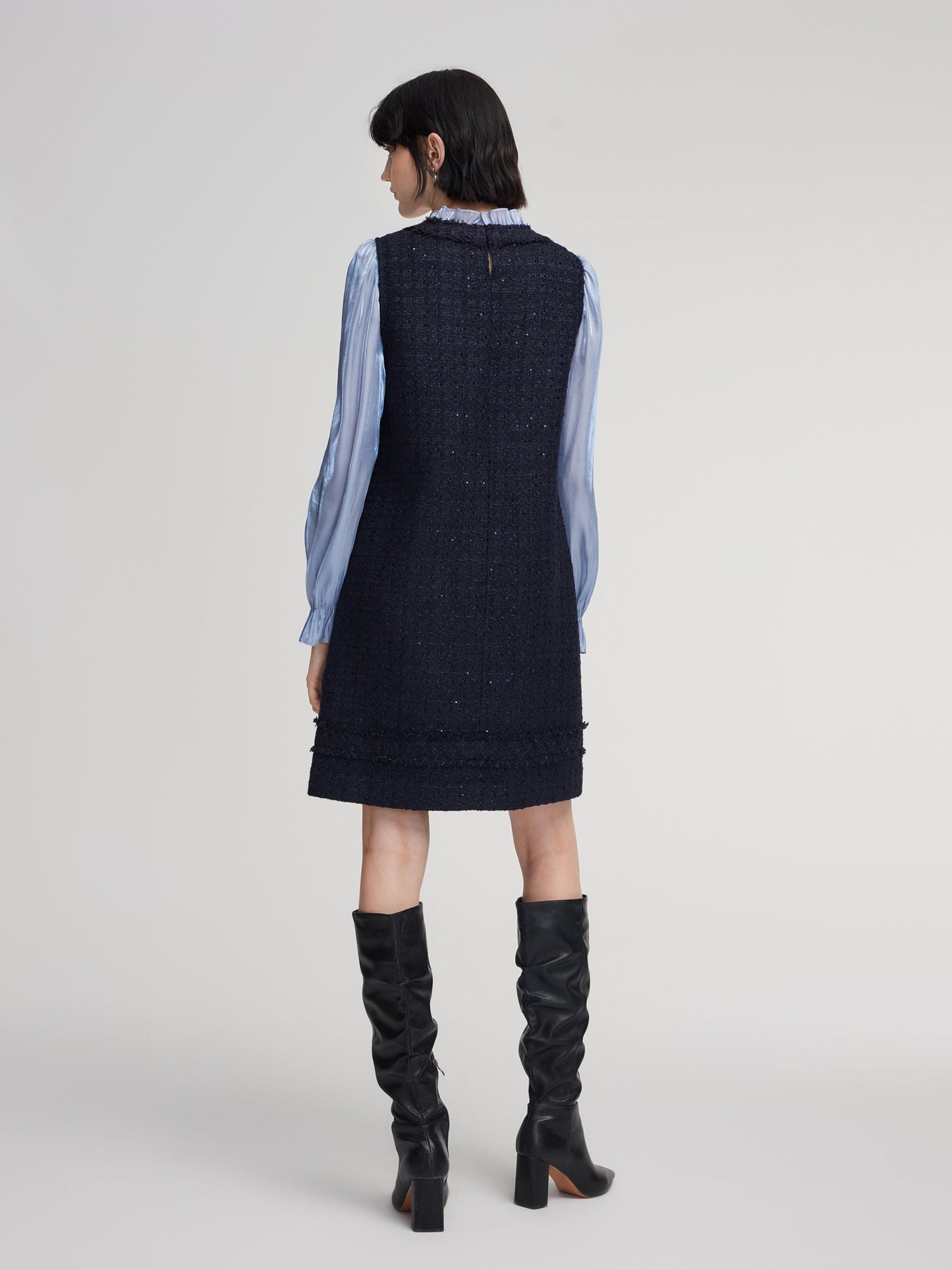 Wool Blend Tweed Sequins Faux-Layered Women Mini Dress