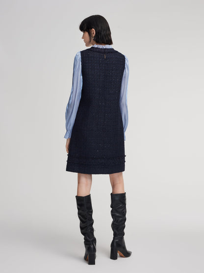 Wool Blend Tweed Sequins Faux-Layered Women Mini Dress