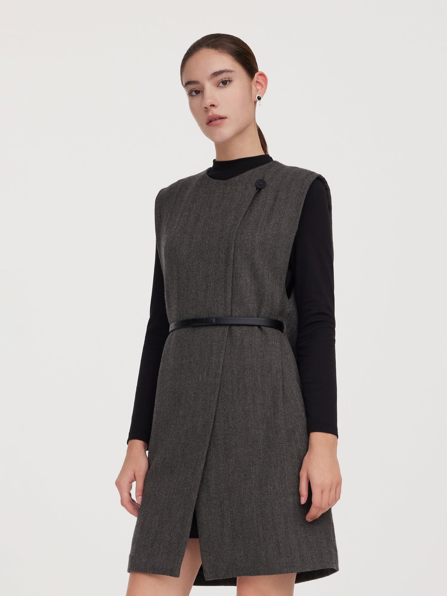 100% Wool Vest And Knit Dress Two-Piece Set With Belt