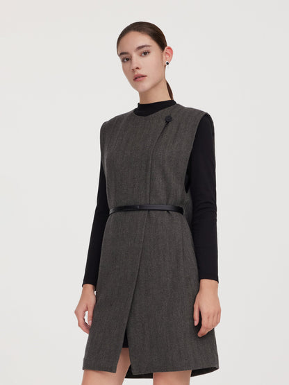 100% Wool Vest And Knit Dress Two-Piece Set With Belt