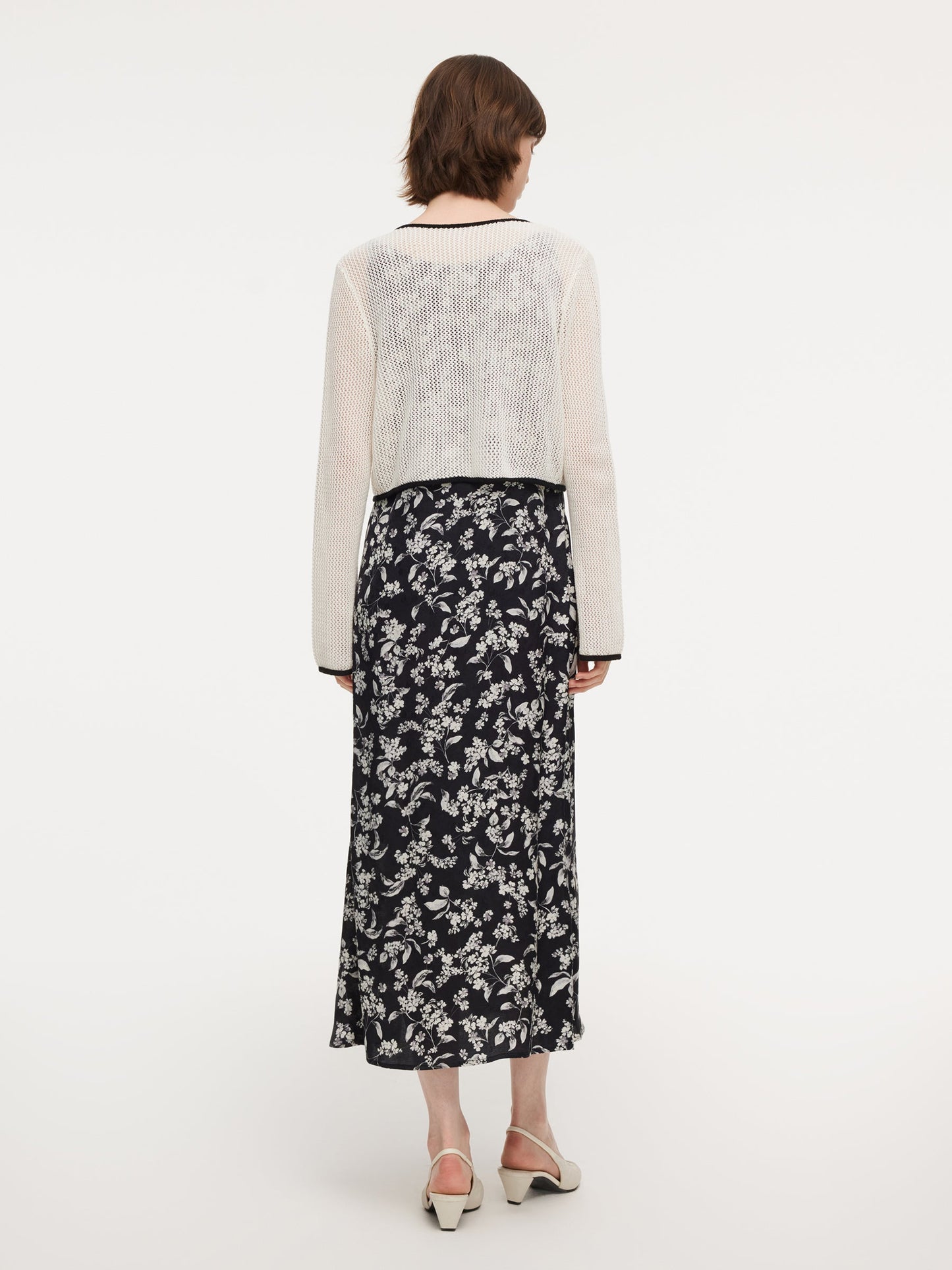 Contrast Trim Openwork Cardigan And Floral Print Sleeveless Dress Two-Piece Set