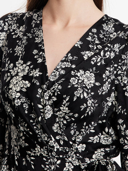 Camellia Print V-Neck Ruffle Hem Women Midi Wrap Dress