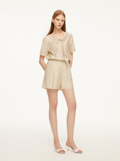 Tencel Acetate Linen Blend Tie Neck Women Blouse