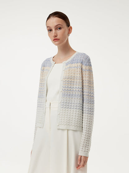 Cotton Blue And White Gradient Stripe Women Cardigan