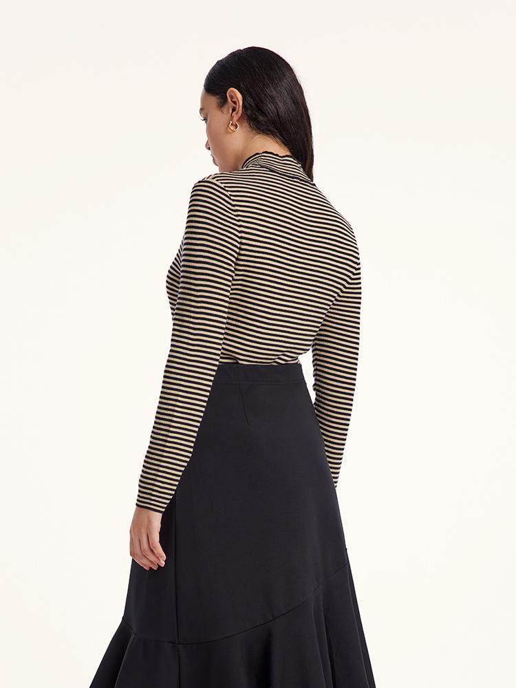 Woolen Stripe Mock Neck Women Sweater