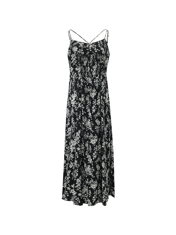 Camellia Print Spaghetti Strap Women Midi Dress