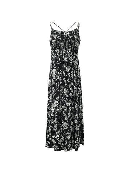 Camellia Print Spaghetti Strap Women Midi Dress