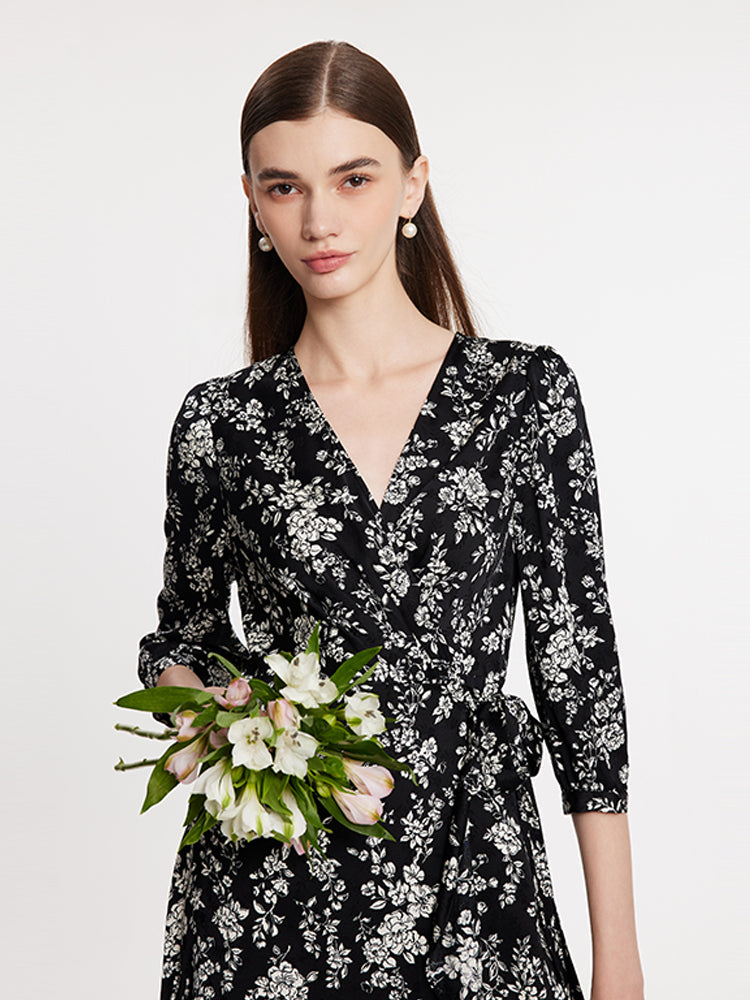 Camellia Print V-Neck Ruffle Hem Women Midi Wrap Dress