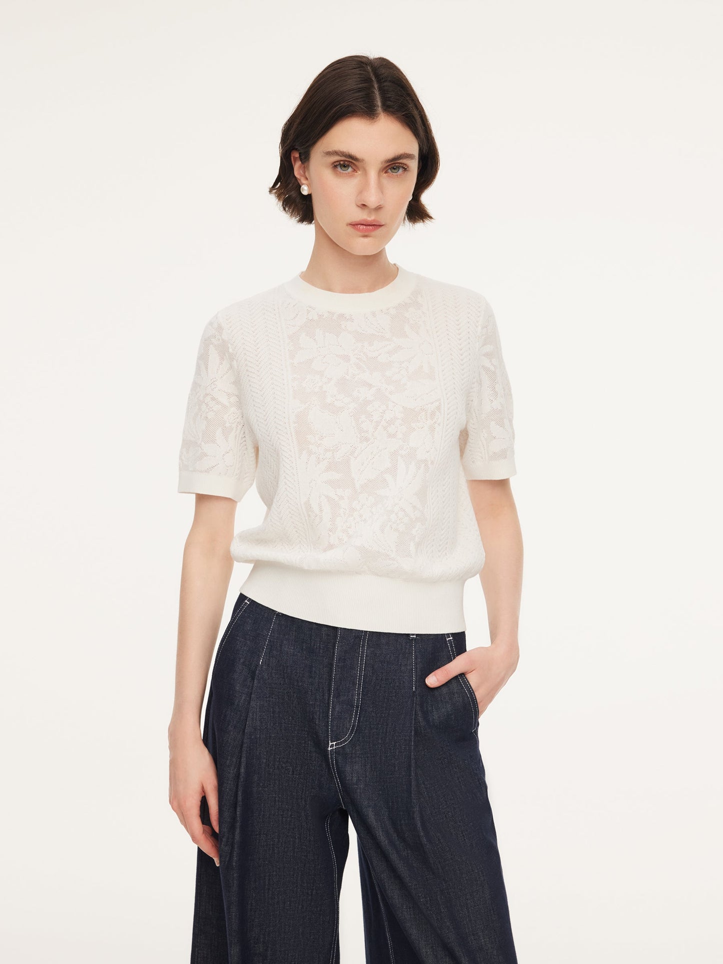 Lace Jacquard Round Neck Women Knit Top