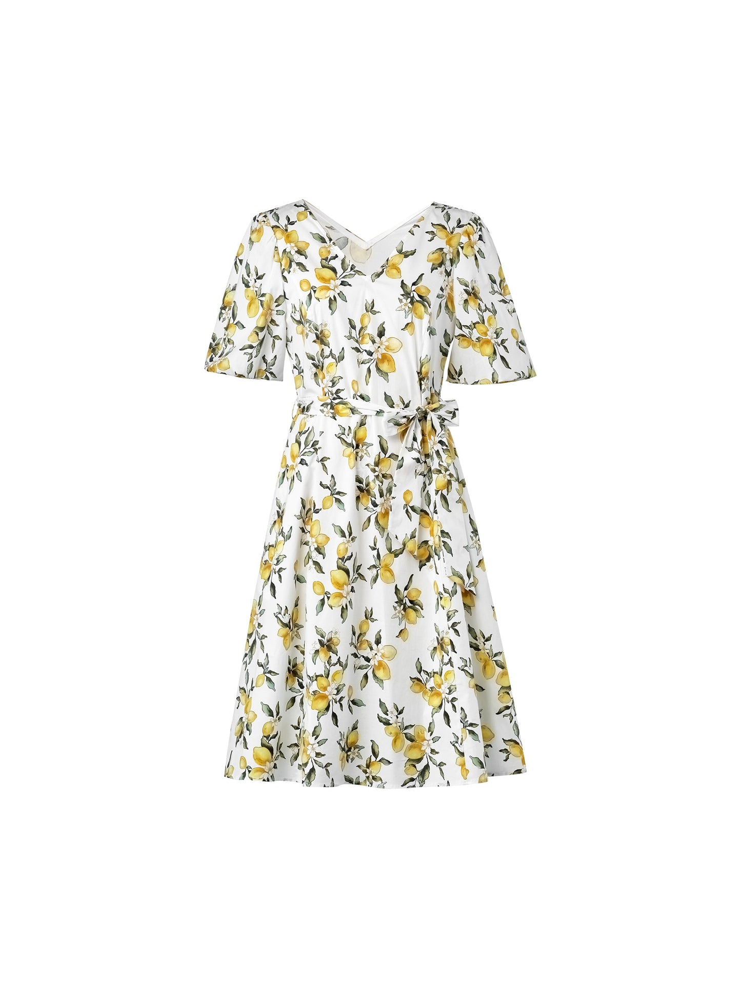 Cotton Lemon Print V-Neck Women Belted Midi Dress