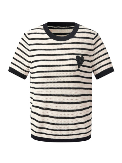 100% Cotton Stripe Women Openwork Knit T-Shirt